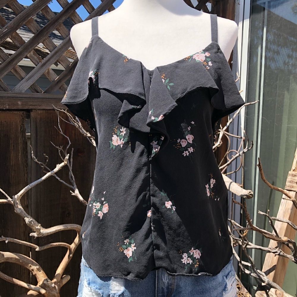 A.L.C. Silk Floral Black Spaghetti Strap Tank Top